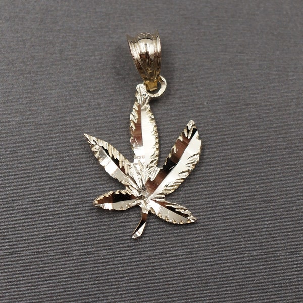 10K Solid Yellow Gold 1" Diamond Cut Shine Marijuana Leaf Charm Pendant.