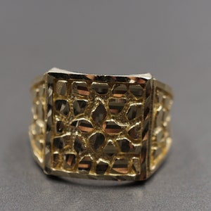 10K Solid Yellow Gold 0.6&quot; Diamond Cut Shine Square Nugget Band Ring. Men Women Children