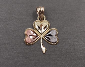 10K Solid Yellow Gold 0.95" Tri Color Heart Clover Luck Charm Pendant.