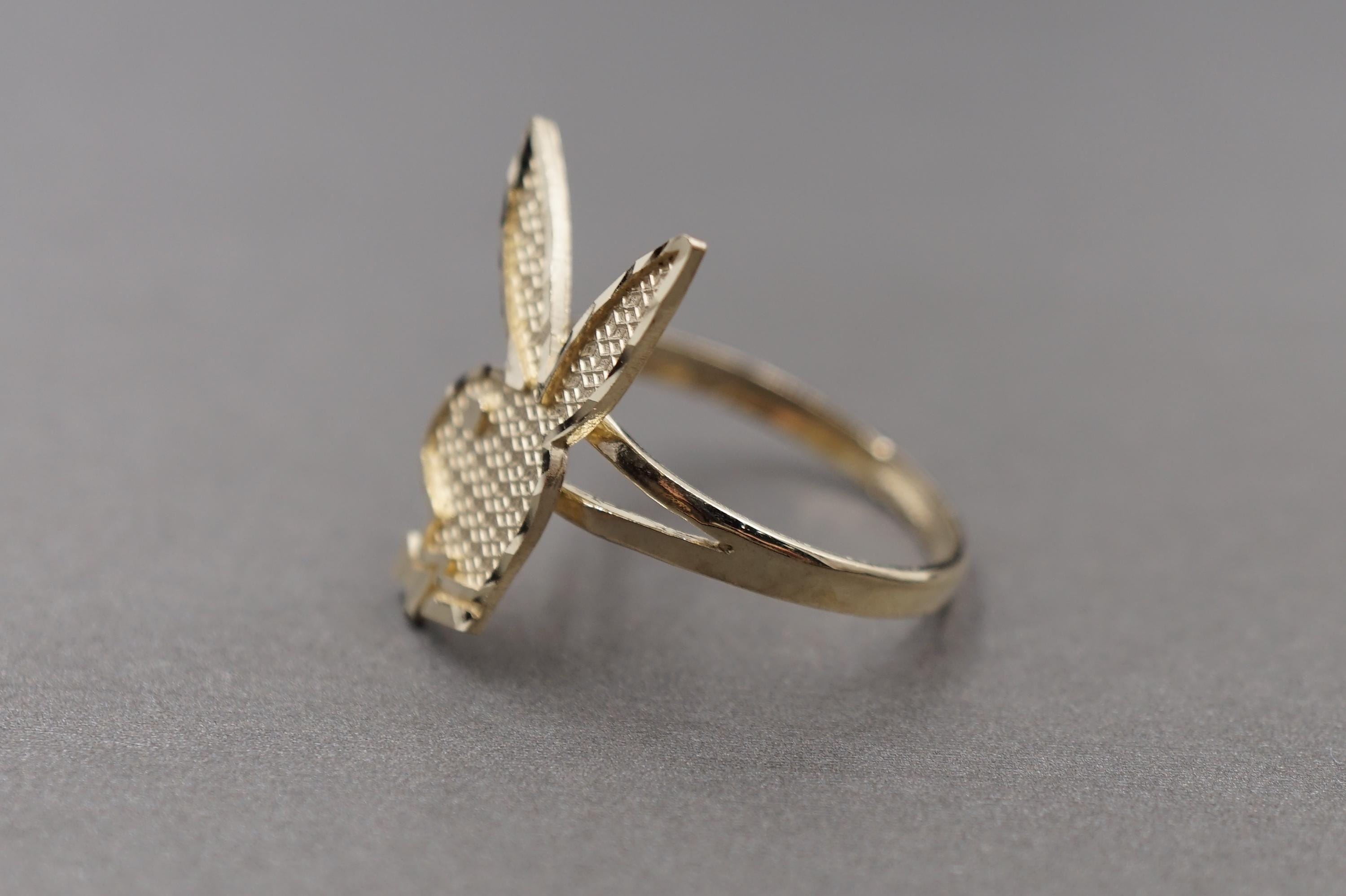 10K Solid Yellow Gold Diamond Cut Playboy Bunny Rabbit Band Ring