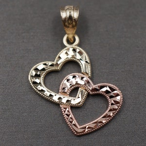 10K Solid Yellow Gold 1&quot; Diamond Cut Shine Two Tone Light Fancy Double Heart Charm Pendant.