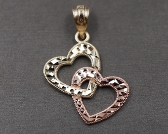 10K Yellow Gold Double Heart Pendant: Two Tone Diamond Cut Charm