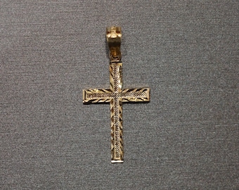 14K Solid Yellow Gold 1" Diamond Cut Crucifix Cross Charm Pendant.