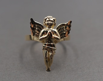 10K Solid Yellow Gold Diamond Cut 0.85" Praying Angel Band Ring.