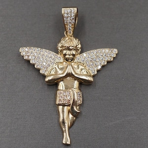 10K Solid Yellow Gold 1.9&quot; Praying Angel Iced CZ Angel Wing Charm Pendant.