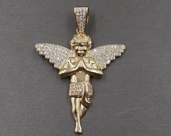10K Solid Yellow Gold 1.9" Praying Angel Iced CZ Angel Wing Charm Pendant.