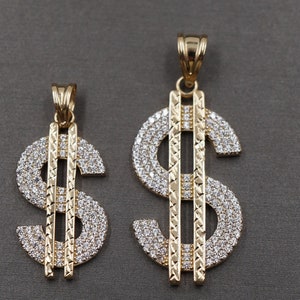 10K Solid Yellow Gold Diamond Cut Iced CZ Money Dollar Sign Charm Pendant. 1.2&quot; , 1.5&quot;