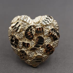 10K Solid Yellow Gold 1.1&quot; Diamond Cut Big Nugget Heart  Band Ring.