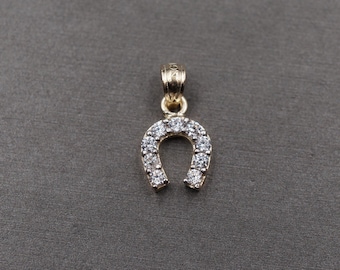 10K Solid Yellow Gold 0.6" Small Dainty Horseshoe CZ Charm Pendant.