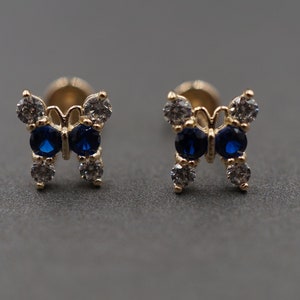 14K Solid Yellow Gold Blue Sapphire With CZ Small Butterfly For Women Children Kid Safety Screw Back Stud Earring.