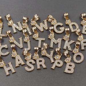 10K Solid Yellow Gold 0.8&quot; Alphabet Letter Crown Initial CZ Charm Pendant.