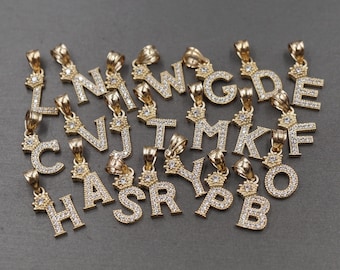 10K Solid Yellow Gold 0.8" Alphabet Letter Crown Initial CZ Charm Pendant.