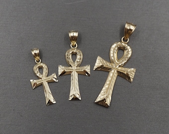 10K Solid Yellow Gold Diamond Cut Egyptian Ankh Cross Charm Pendant. 3 Sizes