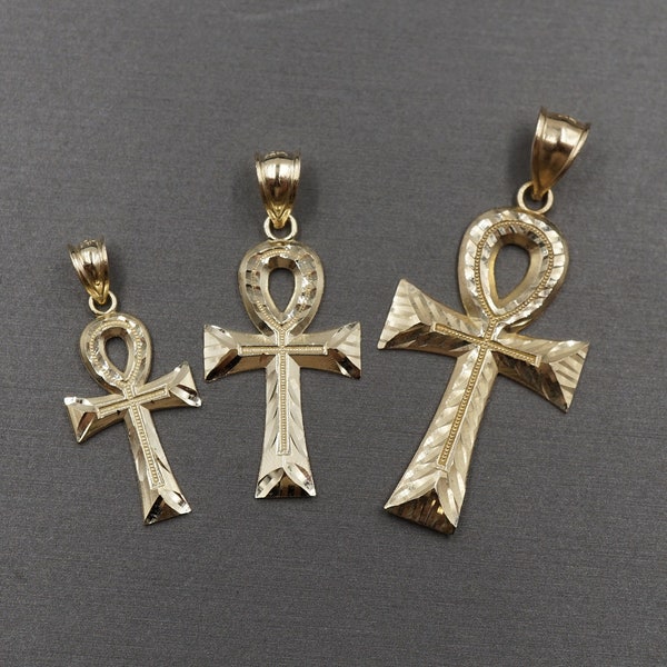 10K Solid Yellow Gold Diamond Cut Egyptian Ankh Cross Charm Pendant. 3 Sizes