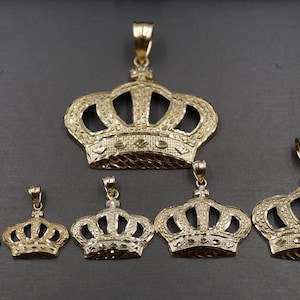 10K Solid Yellow Gold Diamond Cut King Queen Crown Charm Pendant. Men Women Children Boy Girl Kid 6 Sizes