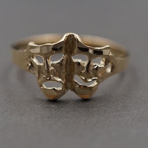 10K Solid Yellow Gold Diamond Cut 0.4&quot; Smile Now Cry Later Happy Sad Two Face Band Ring.