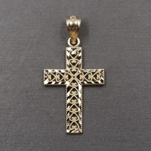10K Solid Yellow Gold 1&quot; Diamond Cut Heart Crucifix Cross Charm Pendant. Men Women Children
