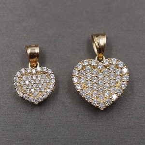 10K Solid Yellow Gold Iced CZ Heart Charm Pendant. 2 Sizes 0.75&quot; , 0.9&quot;