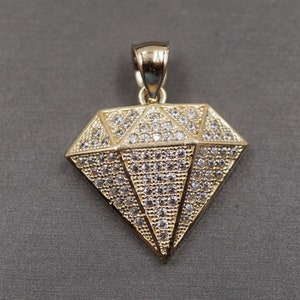 10K Solid Yellow Gold 1.05&quot; Diamond Shape Iced CZ Charm Pendant.