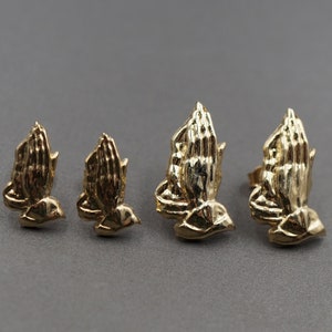 10K Solid Yellow Gold Praying Hands Stud Earrings. 2 Sizes