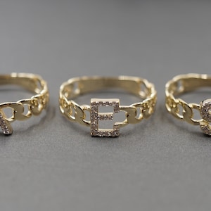 10K Solid Yellow Gold Initial Letter Alphabet Curb Link Band CZ Ring. Size 7
