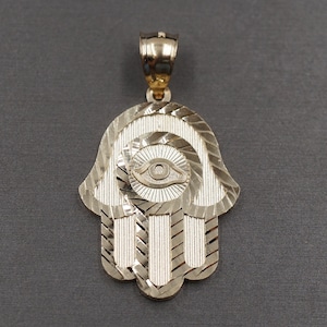 10K Solid Yellow Gold 1.75&quot;  Diamond Cut Fatima Hamsa Hand Charm Pendant.
