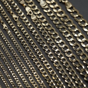 10K Solid Yellow Gold Diamond Cut Curb Flat Cuban Chain Necklaces. 16&quot; - 30&quot; Men Women Children Boy Girl Kid Baby 7&quot; - 9&quot; Bracelet