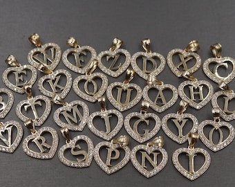 10K Solid Yellow Gold 0.85" Initial Letter Alphabet Heart CZ Charm Pendant.