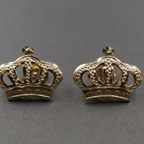 10K Solid Yellow Gold Diamond Cut King Queen Crown Stud Earrings. Men Women Children