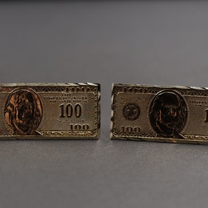 10K Solid Yellow Gold Diamond Cut One Hundred Dollar Bill Money Stud Earring.