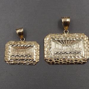 10K Solid Yellow Gold Diamond Cut Golden Nugget Rectangle Last Supper Charm Pendant. 2 Sizes