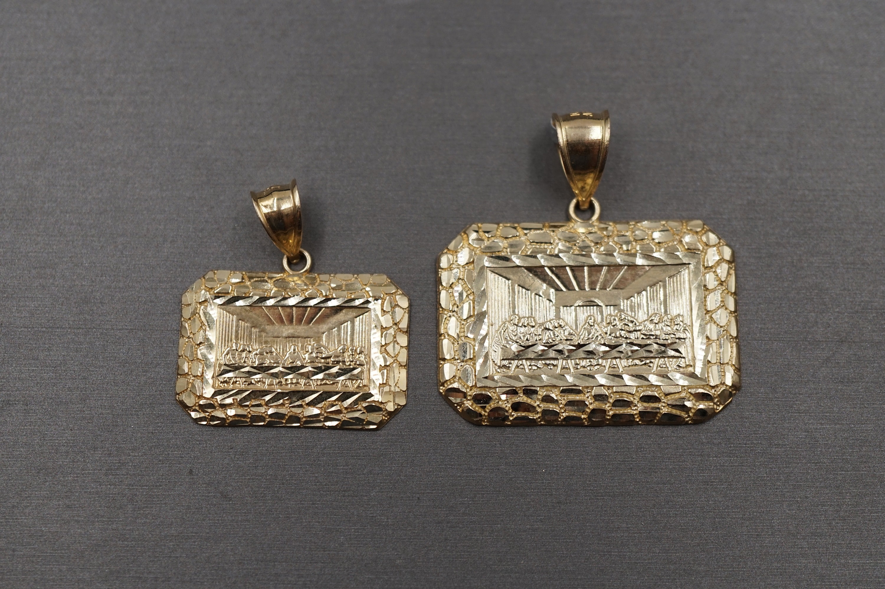 10K Solid Yellow Gold Diamond Cut Golden Nugget Rectangle Last Supper Charm Pendant. 2 Sizes