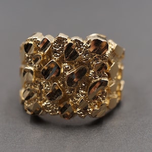 10K Solid Yellow Gold 18MM Diamond Cut Golden Nugget Band Ring. Men Women Boy Girl