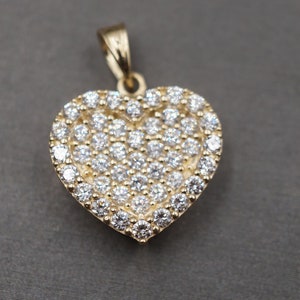 10K Solid Yellow Gold 0.85&quot; Fancy Iced CZ Heart Charm Pendant.