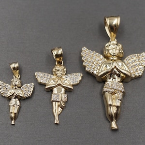 10K Solid Yellow Gold Praying Angel Iced CZ Angel Wing Charm Pendant. 3 Sizes
