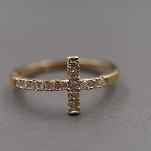 10K Solid Yellow Gold Dainty Sideways Cross CZ Band Ring.