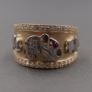 10K Solid Yellow Gold Fancy Multi Tone Three Elephant 13MM Band CZ Ring.