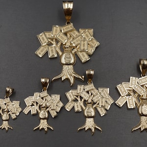 10K Solid Yellow Gold Diamond Cut Hundred Dollar Money Tree Charm Pendant. 5 Sizes
