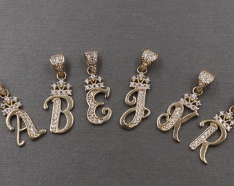10K Solid Yellow Gold 0.9" Fancy Crown Initial Cursive Letter A to Z Alphabet CZ Charm Pendant.