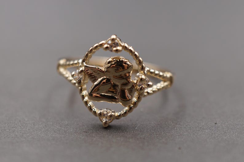 10K Solid Yellow Gold 0.5" Angel CZ Band Ring. image 3