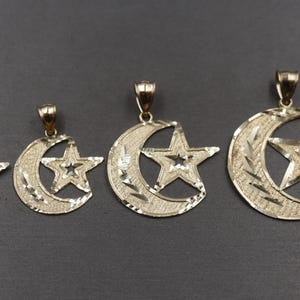 10K Solid Yellow Gold Diamond Cut Flat Star and Moon Charm Pendant. 3 Sizes