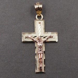 10K Solid Yellow Gold 1.3&quot; Two Tone Crucifix Cross Charm Pendant