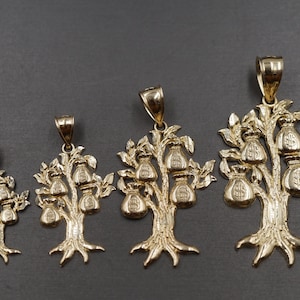 Ciondolo a forma di albero del dollaro con sacchetto porta soldi in oro giallo massiccio 10 carati, taglio diamante. Disponibile in 4 misure.
