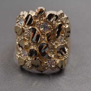10K Solid Yellow Gold 23MM Diamond Cut Domed Nugget CZ Band Ring.