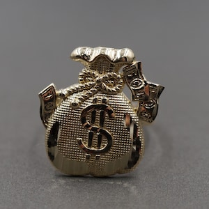 Anello a fascia con simbolo del dollaro e sacchetto per soldi con taglio a diamante da 0,8" in oro giallo massiccio 10K. Uomo Donna Bambini
