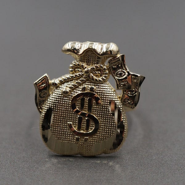 Ring aus massivem 10-karätigem Gelbgold, 2 cm, Diamantschliff, Geldbeutel-Dollarzeichen-Bandring. Männer, Frauen, Kinder