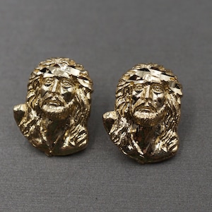 10K Solid Yellow Gold Diamond Cut 0.5&quot; Jesus Face Stud Earring. Men Women Children