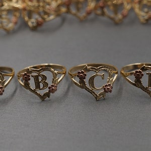 10K Solid Yellow Gold 0.5" Diamond Cut Heart Rose Flower Initial Letter Alphabet Band Ring.