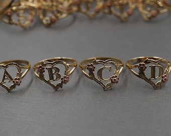 10K Solid Yellow Gold 0.5" Diamond Cut Heart Rose Flower Initial Letter Alphabet Band Ring.