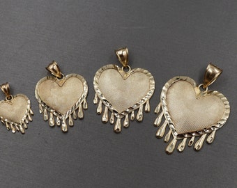 10K Solid Yellow Gold Diamond Cut Love Heart Drip Charm Pendant. 4 Sizes